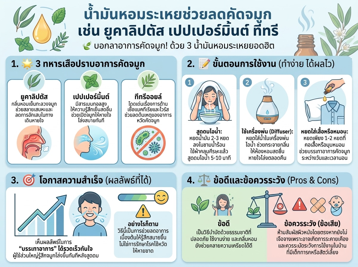 น้ำมันหอมระเหยช่วยลดคัดจมูก เช่น ยูคาลิปตัส เปปเปอร์มิ้นต์ ทีทรี