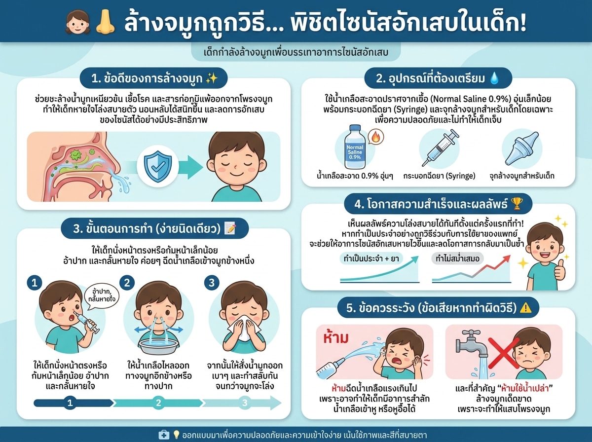 เด็กกำลังล้างจมูกเพื่อบรรเทาอาการไซนัสอักเสบ