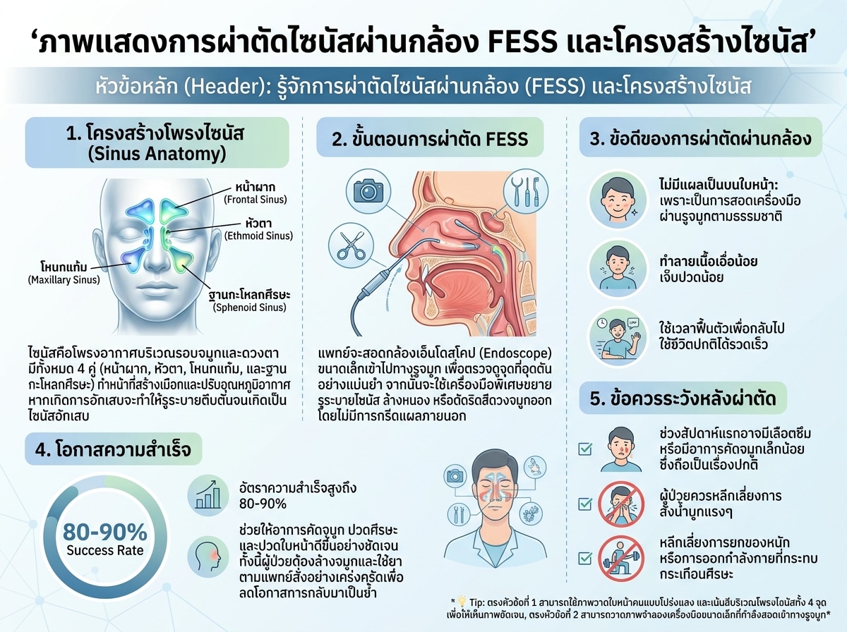 ภาพแสดงการผ่าตัดไซนัสผ่านกล้อง FESS และโครงสร้างไซนัส