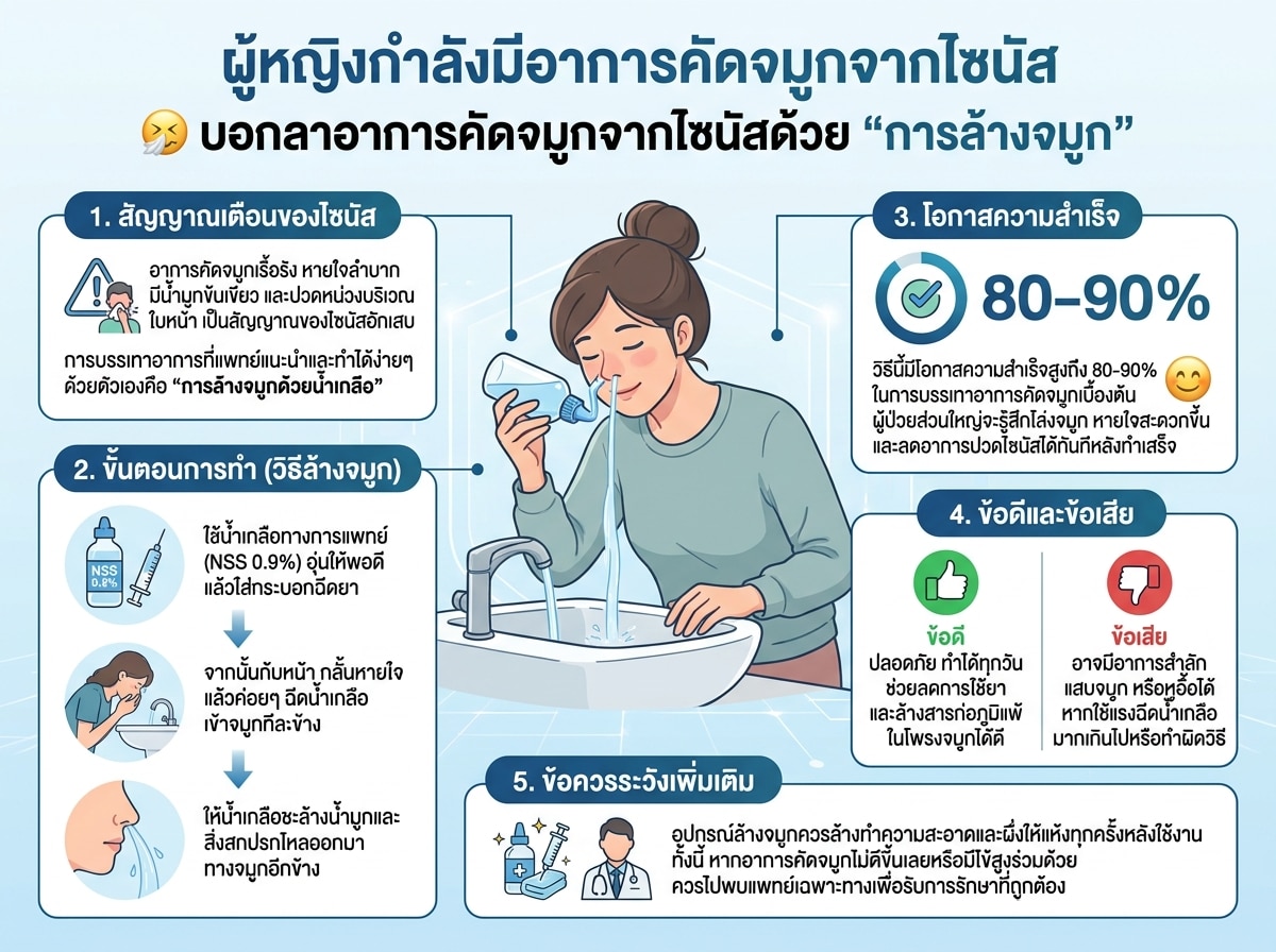 ผู้หญิงกำลังมีอาการคัดจมูกจากไซนัส