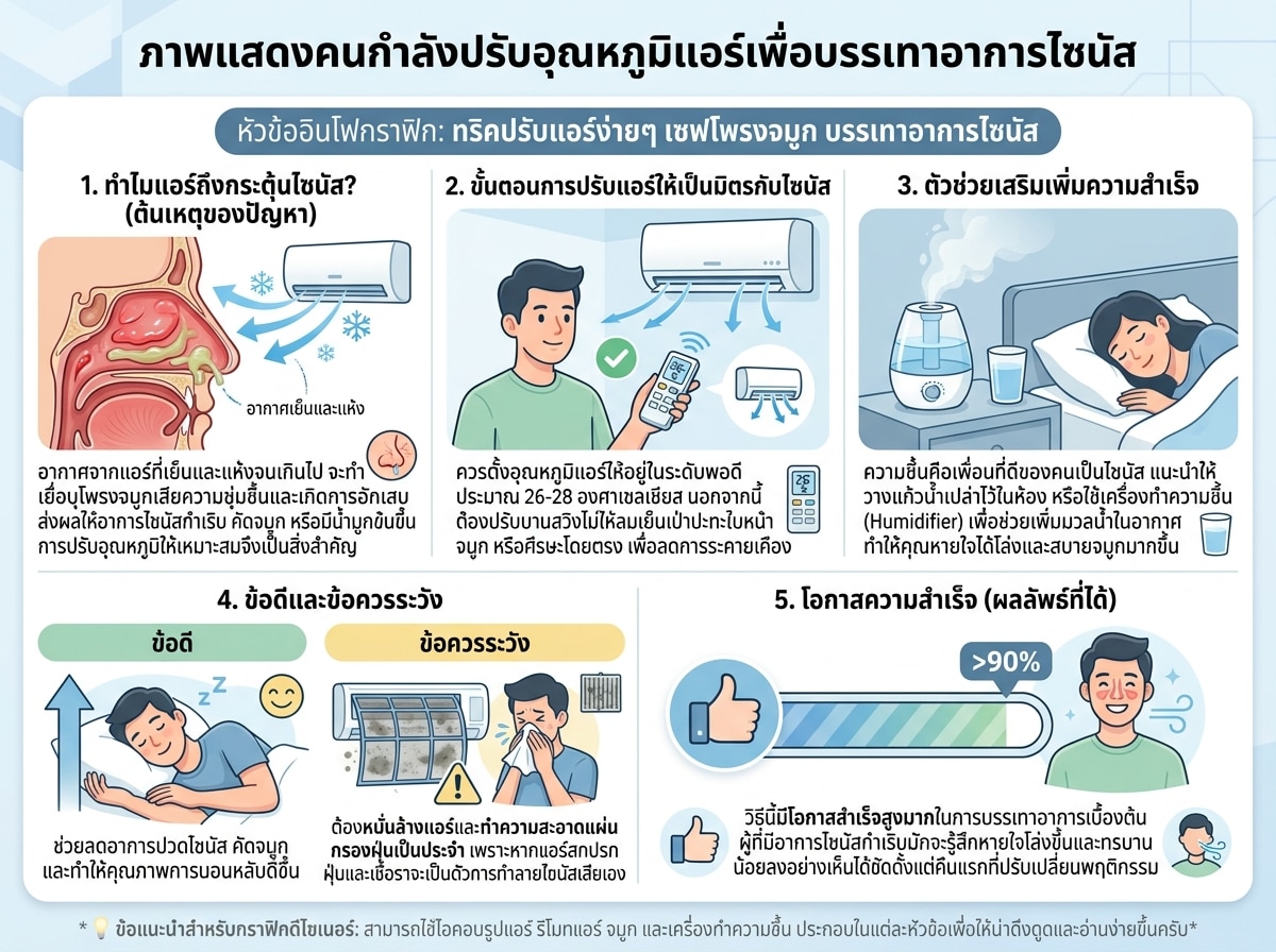 ภาพแสดงคนกำลังปรับอุณหภูมิแอร์เพื่อบรรเทาอาการไซนัส