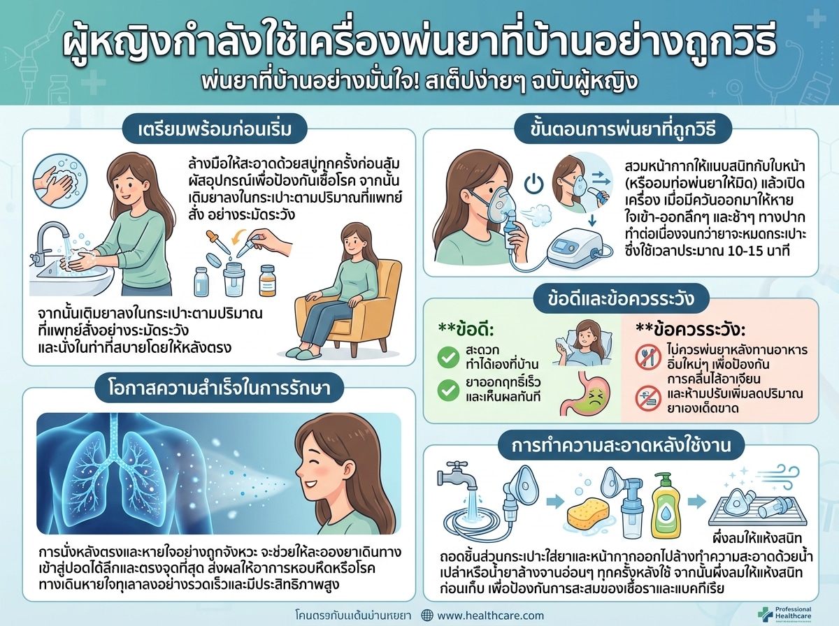 ผู้หญิงกำลังใช้เครื่องพ่นยาที่บ้านอย่างถูกวิธี