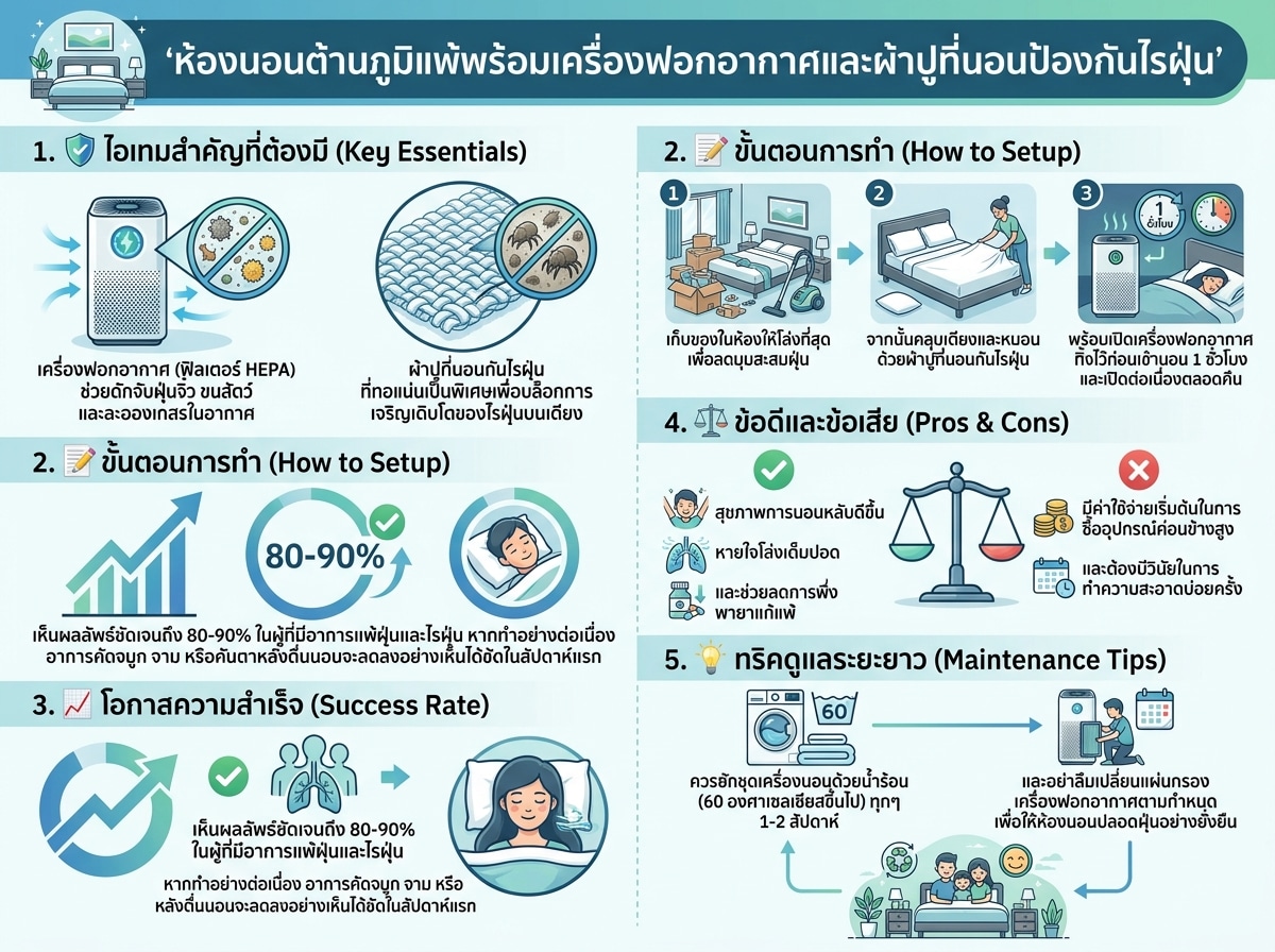 ห้องนอนต้านภูมิแพ้พร้อมเครื่องฟอกอากาศและผ้าปูที่นอนป้องกันไรฝุ่น