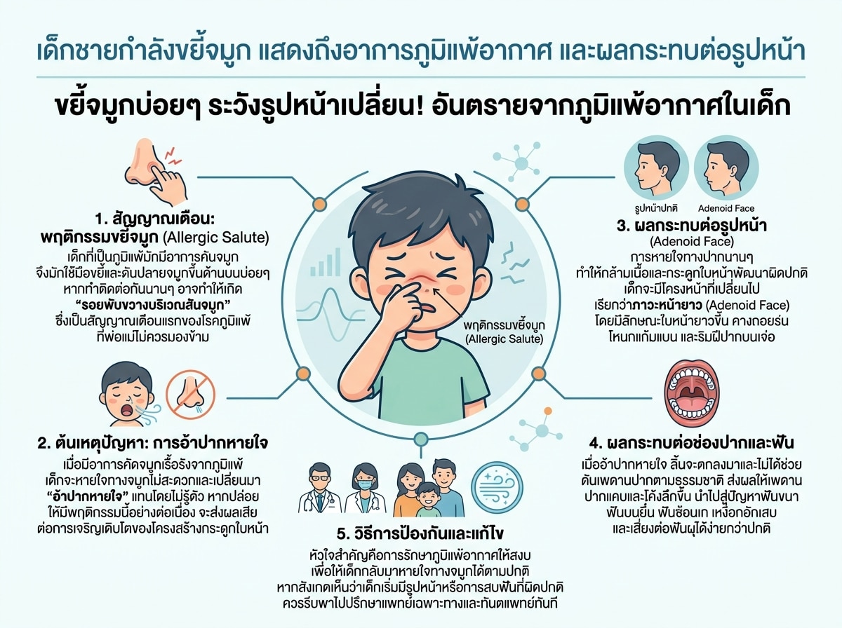 เด็กชายกำลังขยี้จมูก แสดงถึงอาการภูมิแพ้อากาศ และผลกระทบต่อรูปหน้า