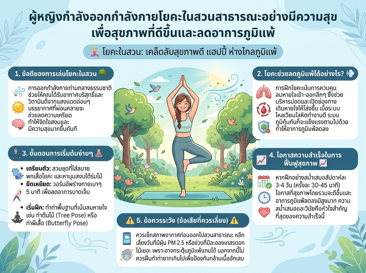 ผู้หญิงกำลังออกกำลังกายโยคะในสวนสาธารณะอย่างมีความสุข เพื่อสุขภาพที่ดีขึ้นและลดอาการภูมิแพ้