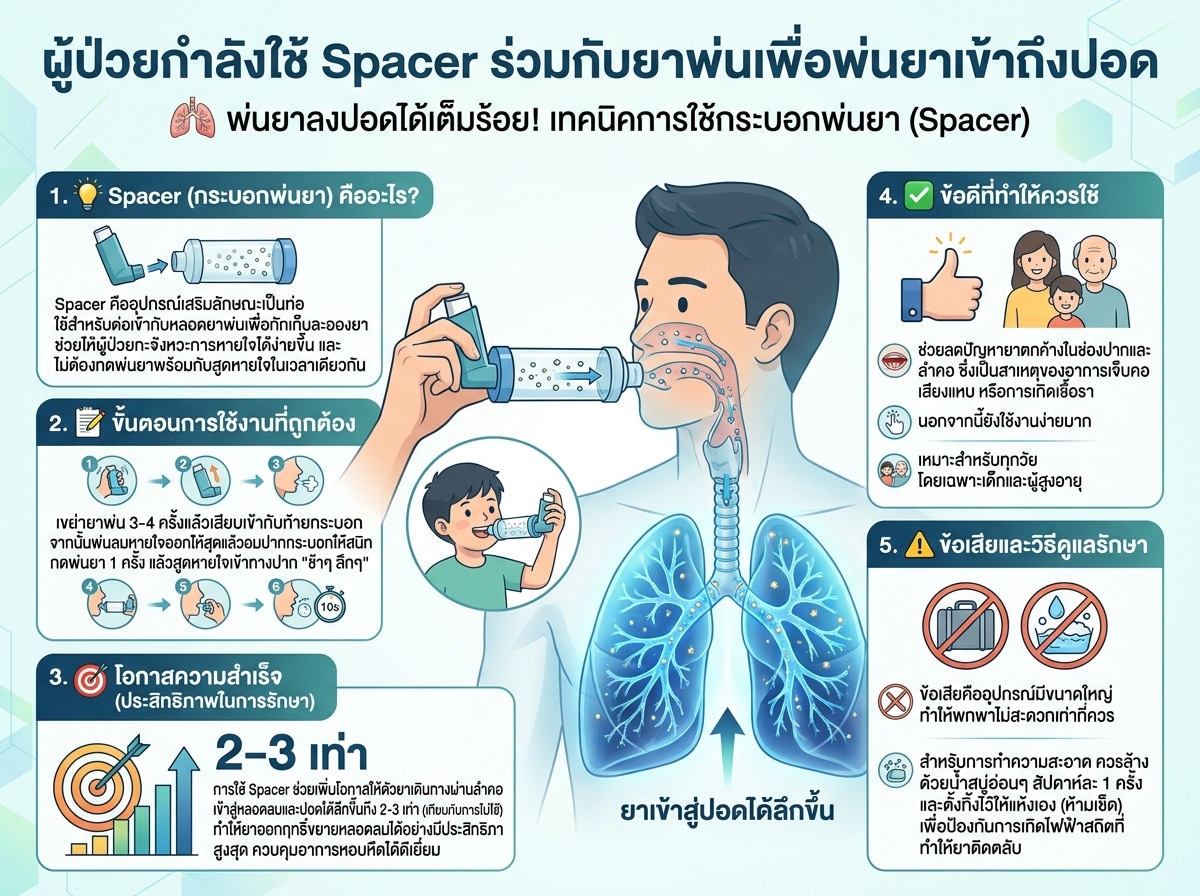 ผู้ป่วยกำลังใช้ Spacer ร่วมกับยาพ่นเพื่อพ่นยาเข้าถึงปอด