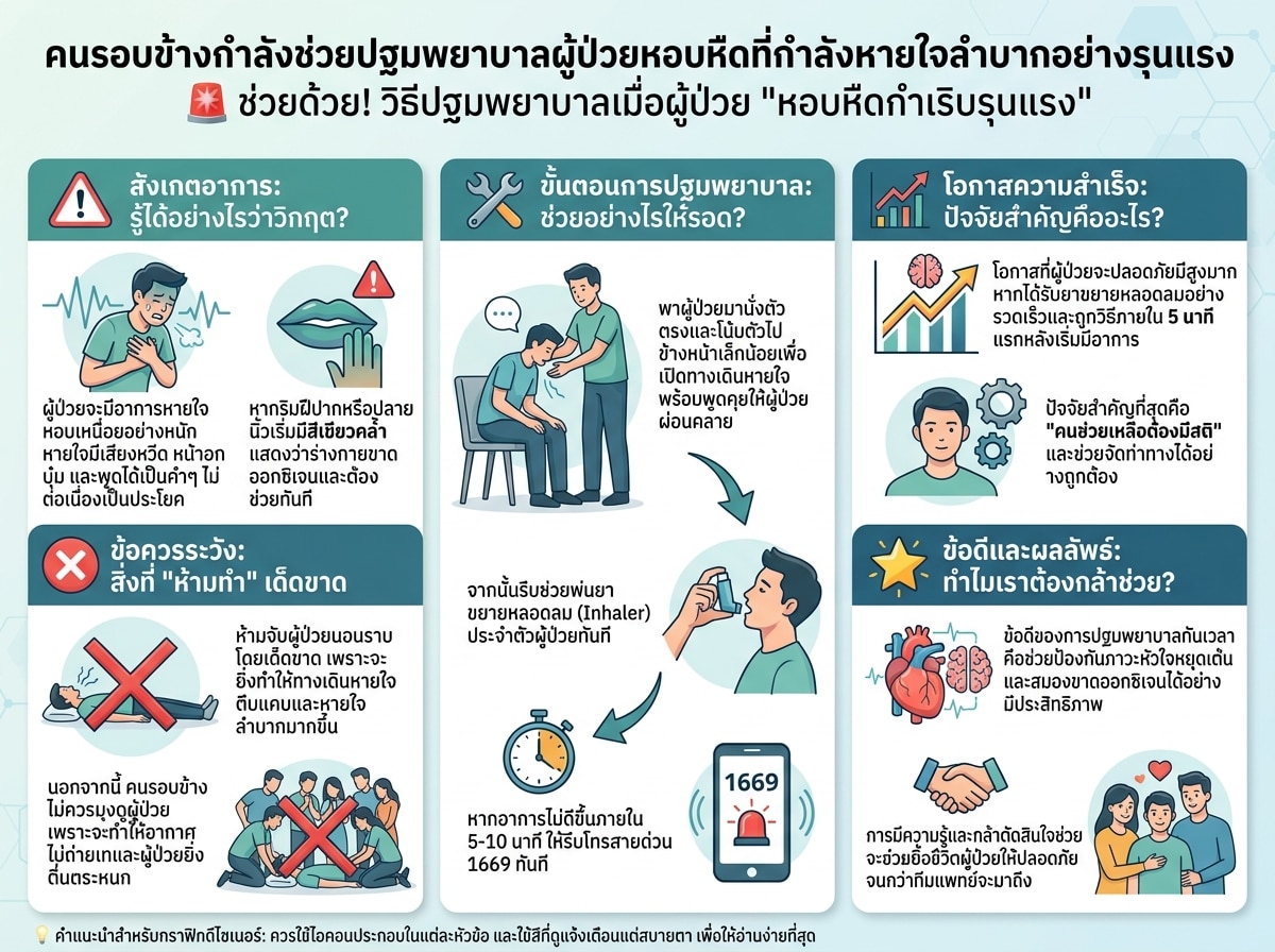 คนรอบข้างกำลังช่วยปฐมพยาบาลผู้ป่วยหอบหืดที่กำลังหายใจลำบากอย่างรุนแรง