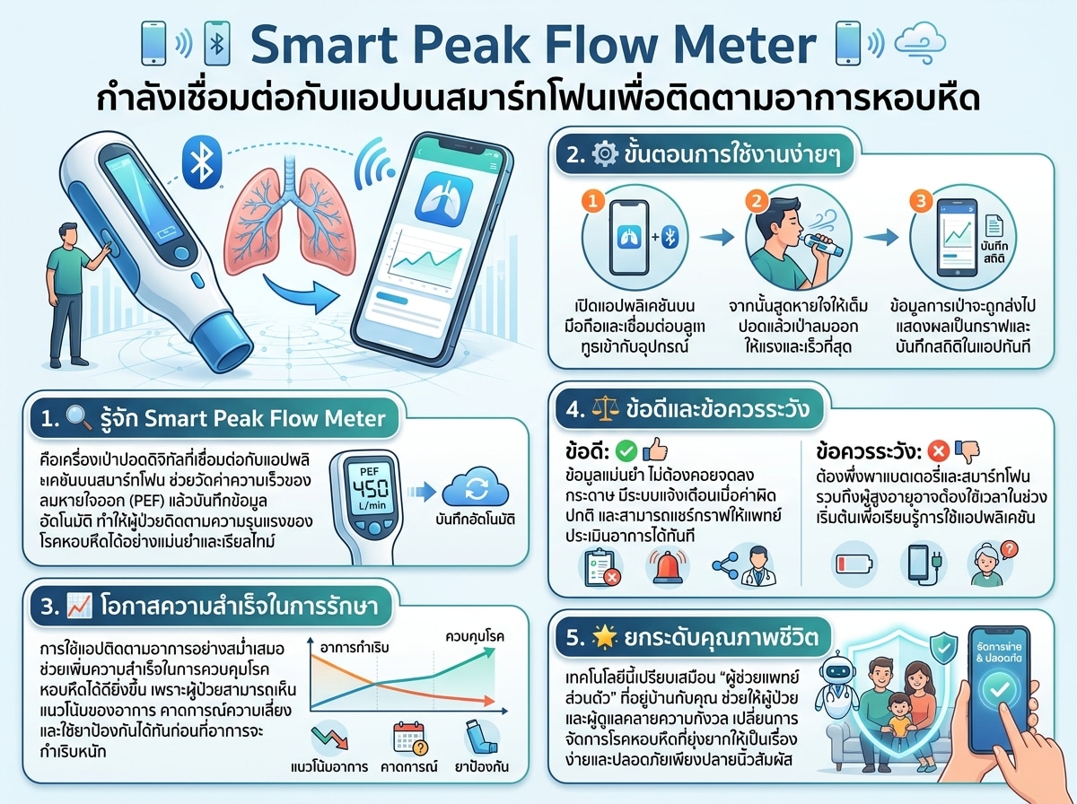 Smart Peak Flow Meter กำลังเชื่อมต่อกับแอปบนสมาร์ทโฟนเพื่อติดตามอาการหอบหืด
