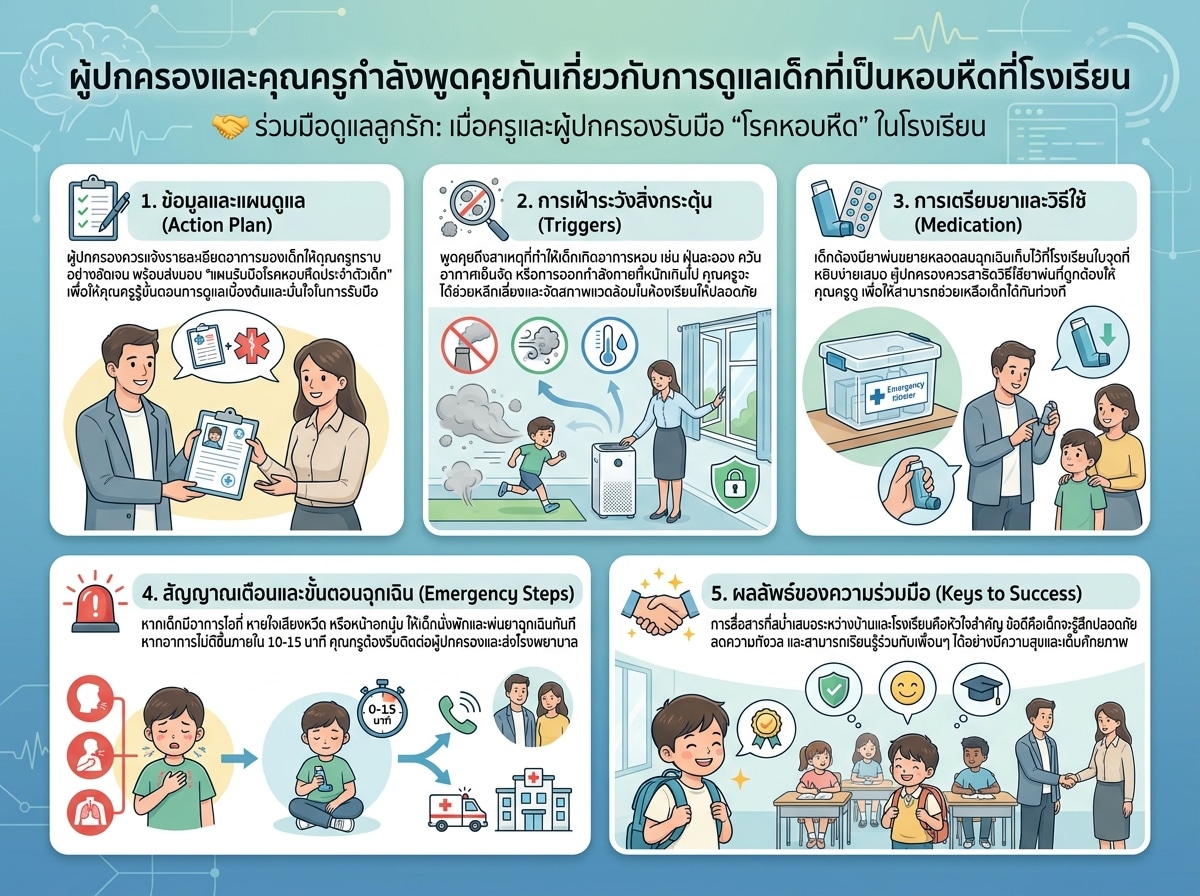 ผู้ปกครองและคุณครูกำลังพูดคุยกันเกี่ยวกับการดูแลเด็กที่เป็นหอบหืดที่โรงเรียน