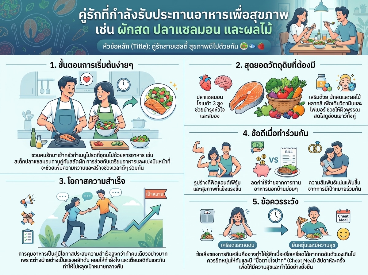 คู่รักที่กำลังรับประทานอาหารเพื่อสุขภาพ เช่น ผักสด ปลาแซลมอน และผลไม้