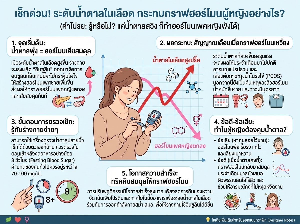 ผู้หญิงกำลังตรวจระดับน้ำตาลในเลือดและมีกราฟแสดงผลกระทบต่อฮอร์โมนเพศ
