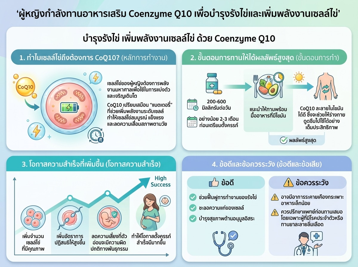 ผู้หญิงกำลังทานอาหารเสริม Coenzyme Q10 เพื่อบำรุงรังไข่และเพิ่มพลังงานเซลล์ไข่
