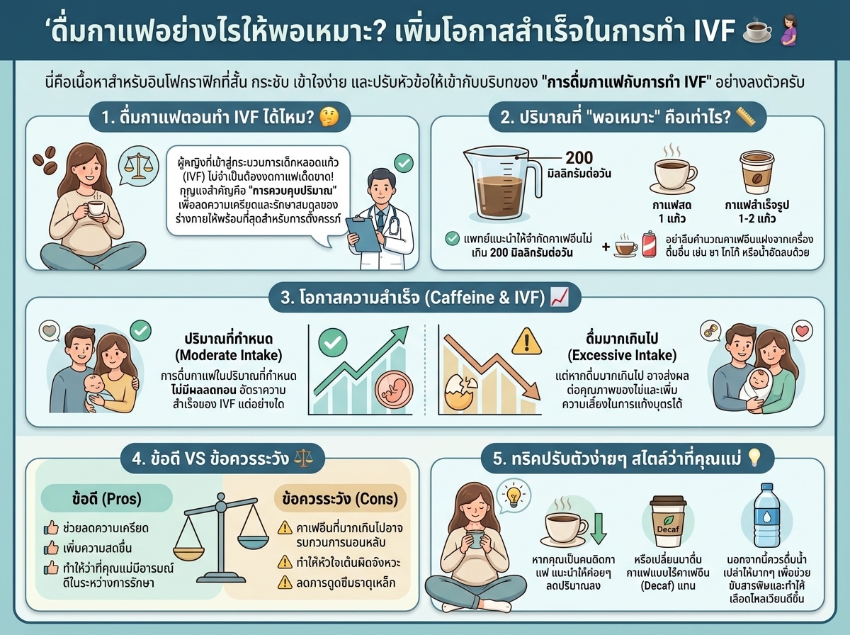 ผู้หญิงกำลังดื่มกาแฟในปริมาณที่พอเหมาะเพื่อความสำเร็จของ IVF