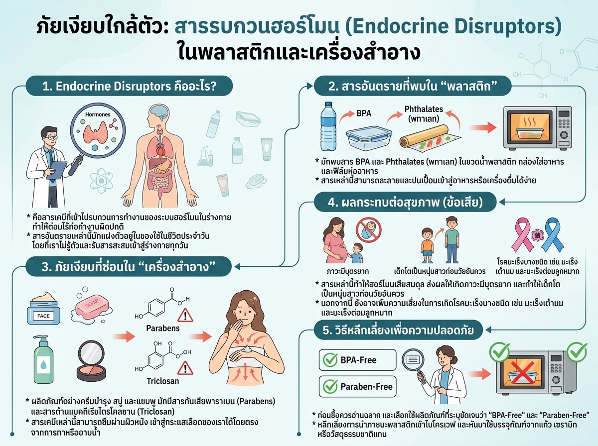 รูปภาพแสดงสารเคมีในเครื่องสำอางและพลาสติกที่เป็น Endocrine Disruptors