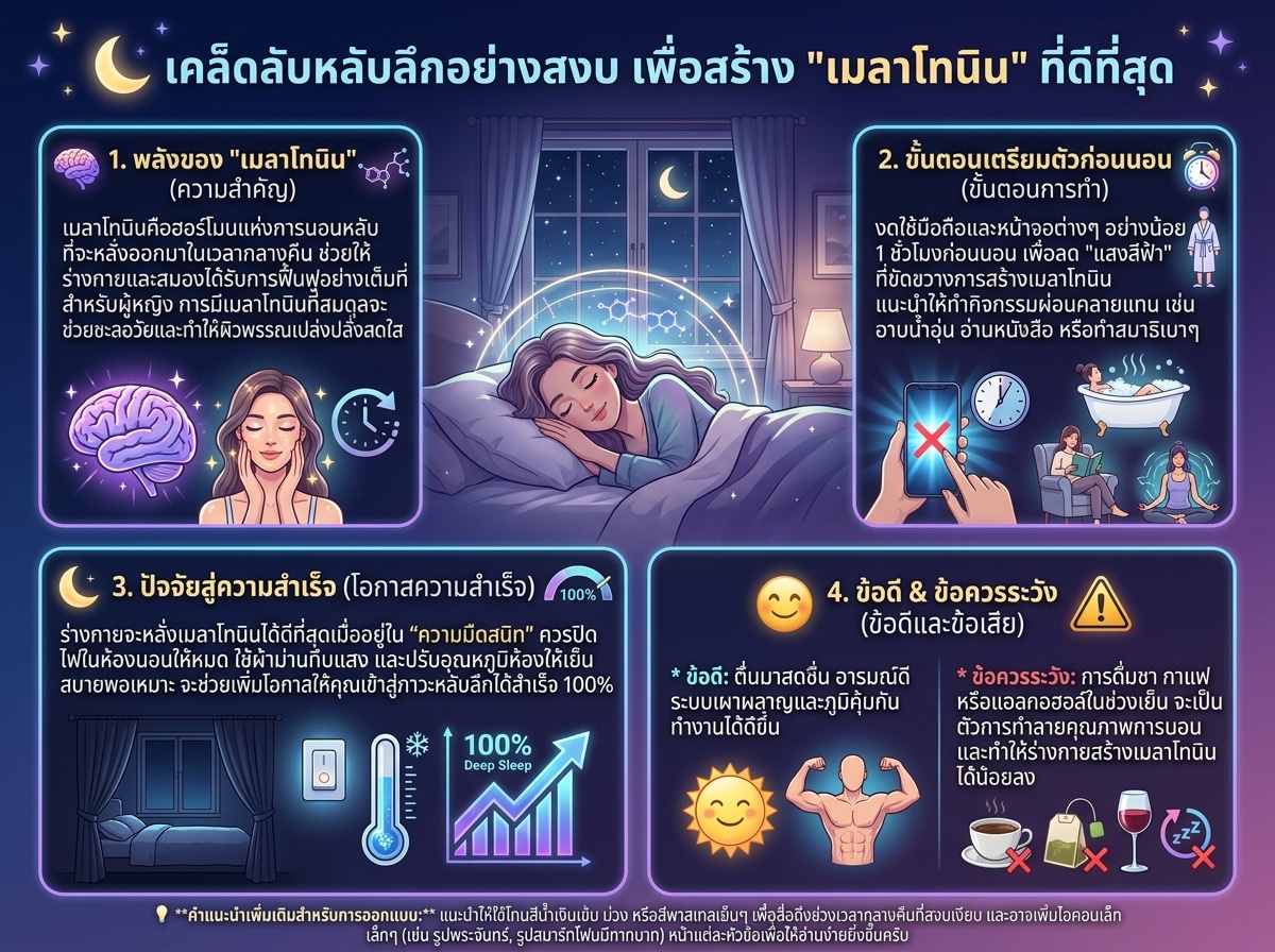 ผู้หญิงกำลังหลับลึกอย่างสงบในเวลากลางคืนเพื่อการผลิตเมลาโทนินที่ดี