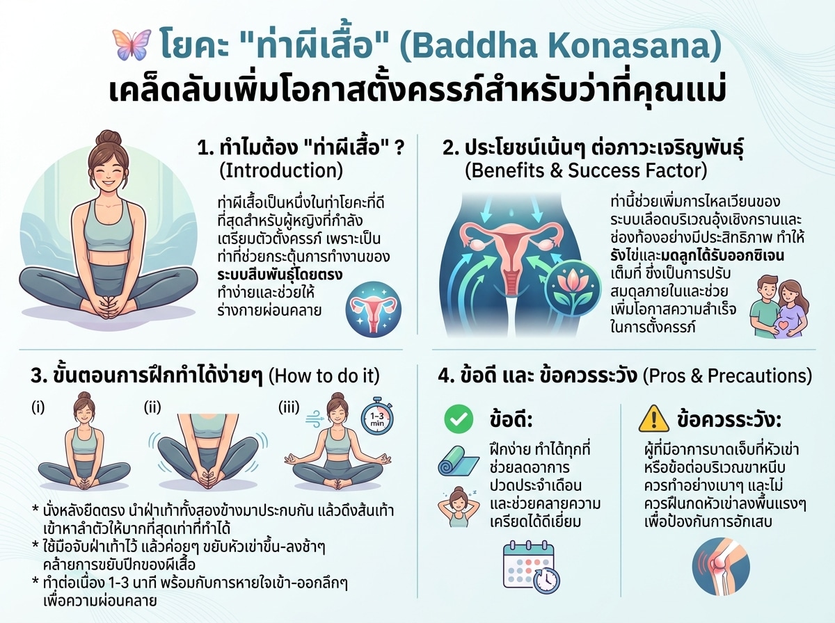 ผู้หญิงกำลังทำท่า Baddha Konasana หรือท่าผีเสื้อ ซึ่งเป็นท่าโยคะสำหรับภาวะเจริญพันธุ์ ช่วยเพิ่มการไหลเวียนเลือดในเชิงกราน