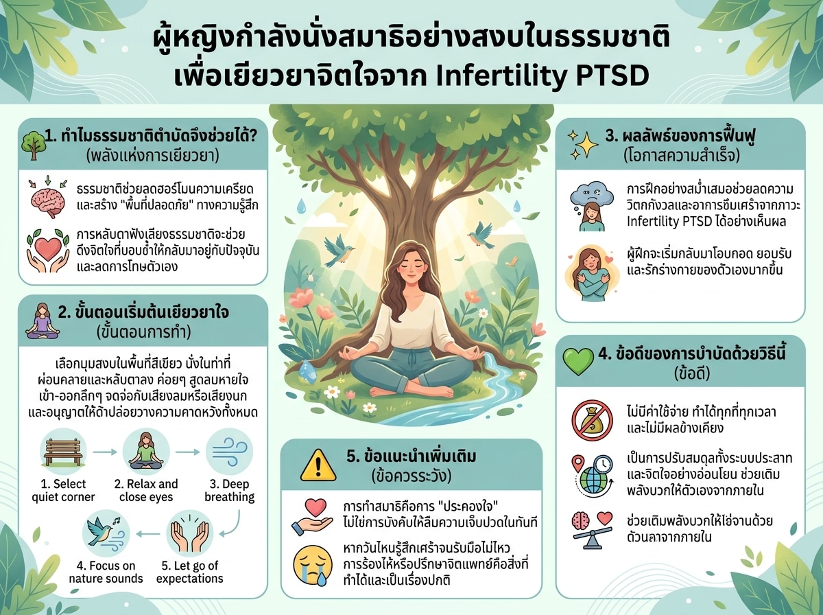 ผู้หญิงกำลังนั่งสมาธิอย่างสงบในธรรมชาติ เพื่อเยียวยาจิตใจจาก Infertility PTSD