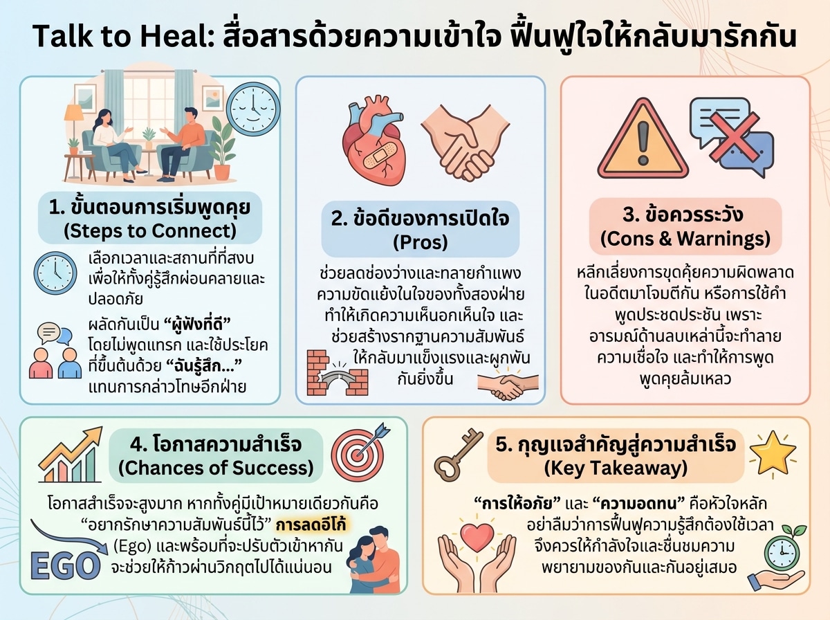 คู่รักกำลังสื่อสารกันด้วยความเข้าใจเพื่อฟื้นฟูความสัมพันธ์
