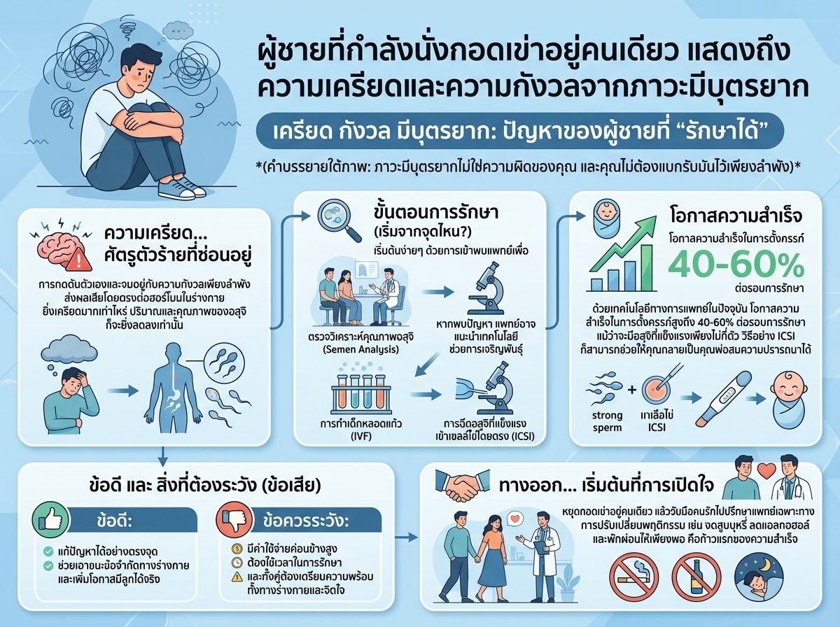 ผู้ชายที่กำลังนั่งกอดเข่าอยู่คนเดียว แสดงถึงความเครียดและความกังวลจากภาวะมีบุตรยาก
