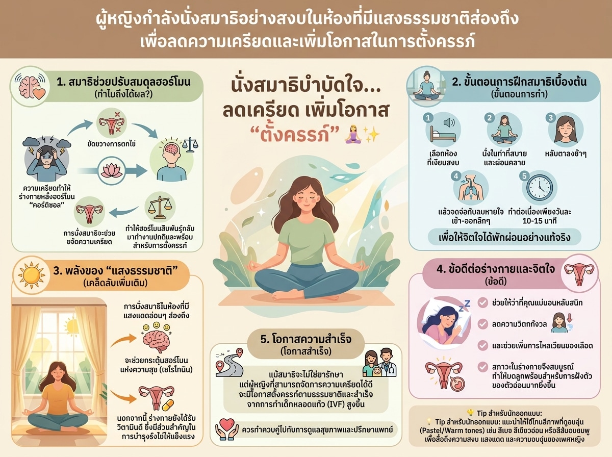 ผู้หญิงกำลังนั่งสมาธิอย่างสงบในห้องที่มีแสงธรรมชาติส่องถึง เพื่อลดความเครียดและเพิ่มโอกาสในการตั้งครรภ์