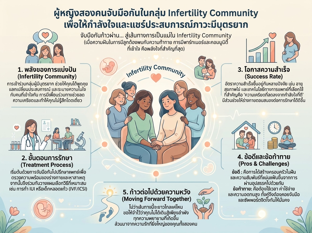 ผู้หญิงสองคนจับมือกันในกลุ่ม Infertility Community เพื่อให้กำลังใจและแชร์ประสบการณ์ภาวะมีบุตรยาก