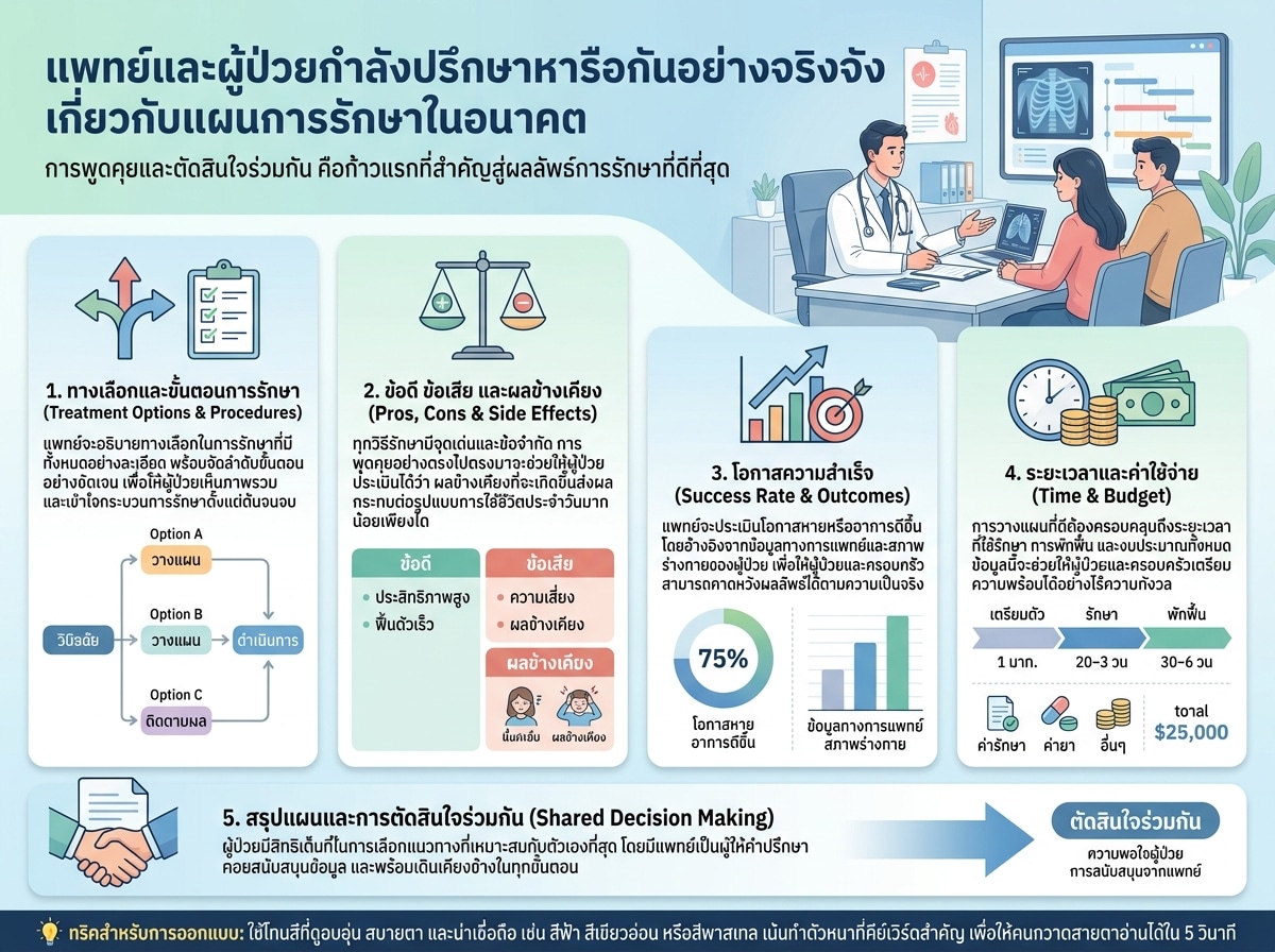 แพทย์และผู้ป่วยกำลังปรึกษาหารือกันอย่างจริงจังเกี่ยวกับแผนการรักษาในอนาคต