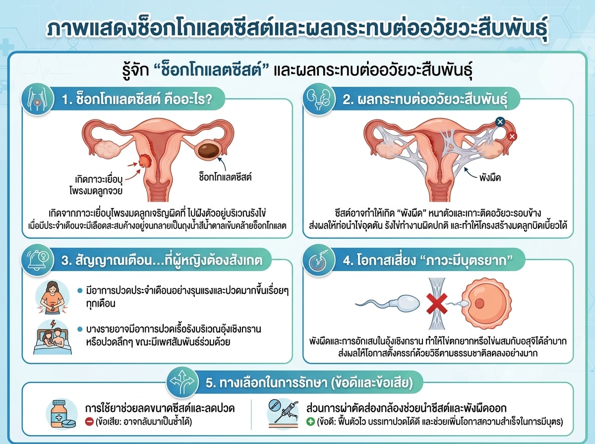 ภาพแสดงช็อกโกแลตซีสต์และผลกระทบต่ออวัยวะสืบพันธุ์