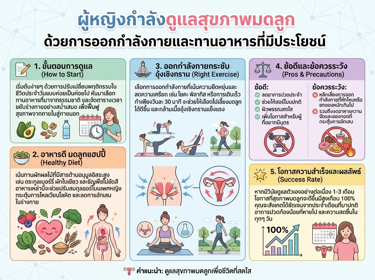 ผู้หญิงกำลังดูแลสุขภาพมดลูกด้วยการออกกำลังกายและทานอาหารที่มีประโยชน์