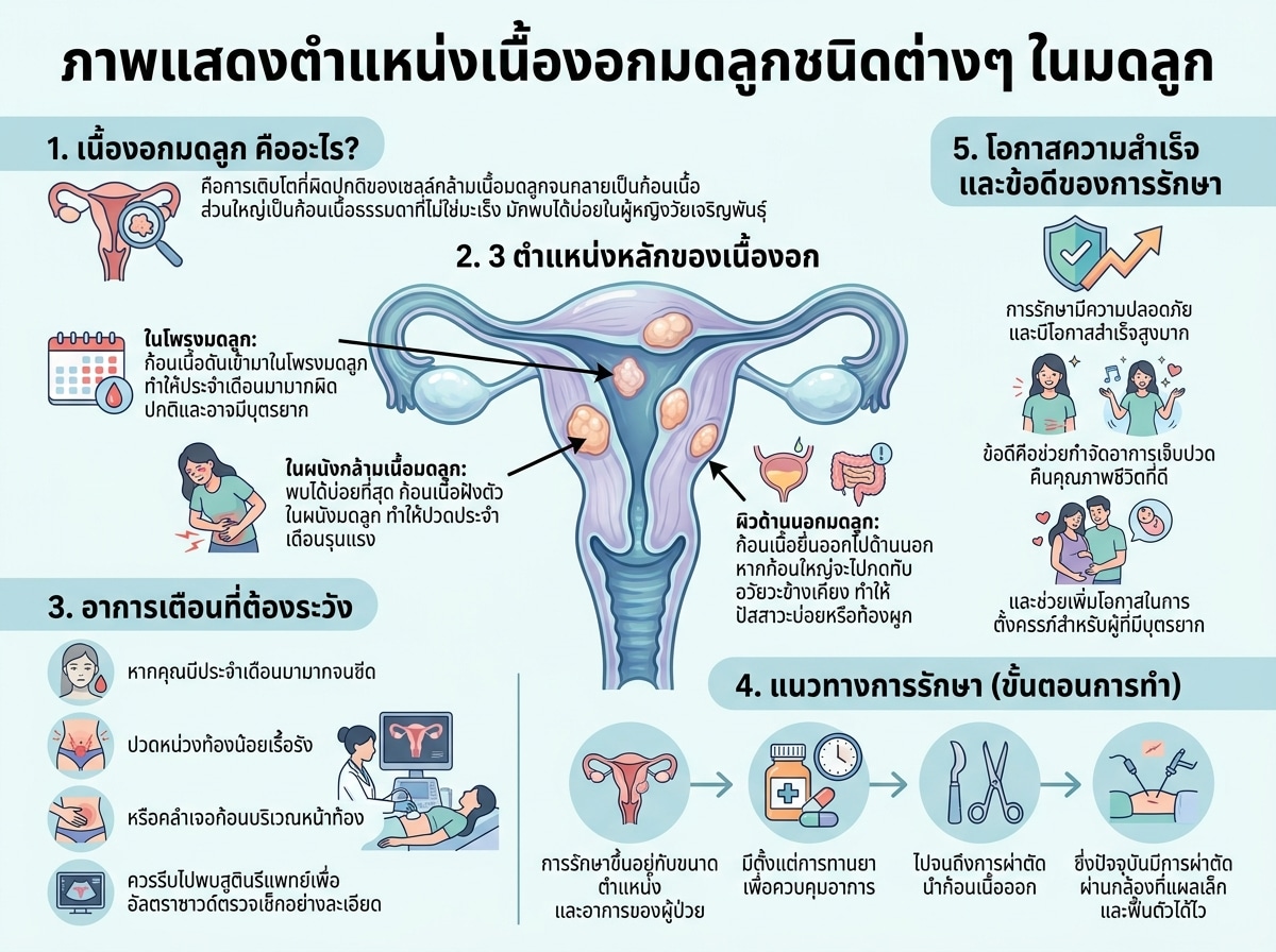 ภาพแสดงตำแหน่งเนื้องอกมดลูกชนิดต่างๆ ในมดลูก