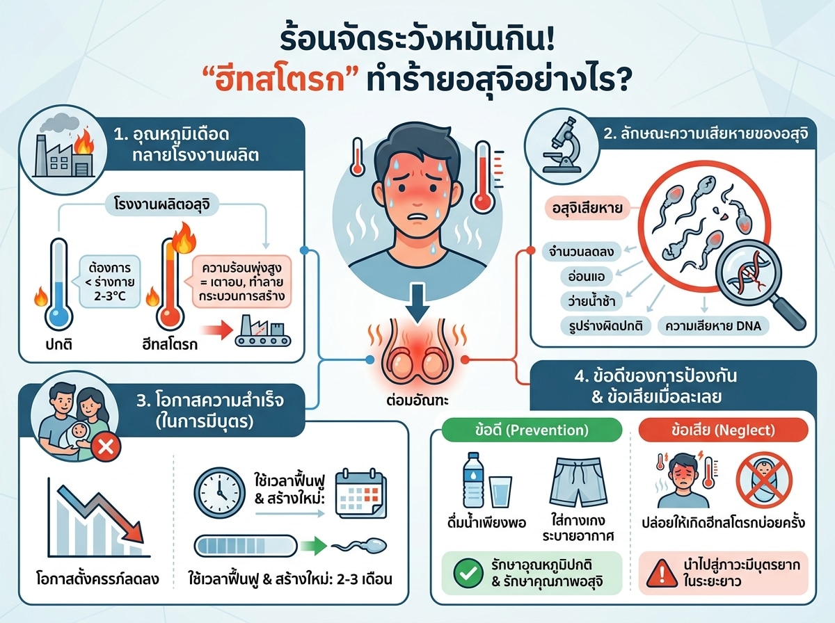 ชายหนุ่มกำลังรู้สึกร้อนจัดพร้อมภาพกราฟิกแสดงความเสียหายของเชื้ออสุจิจากฮีทสโตรก
