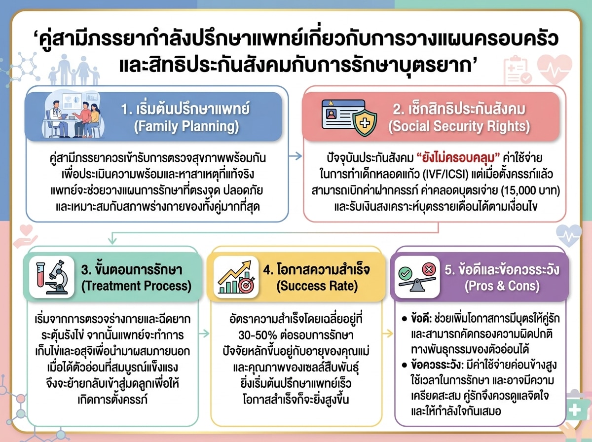 คู่สามีภรรยากำลังปรึกษาแพทย์เกี่ยวกับการวางแผนครอบครัวและสิทธิประกันสังคมกับการรักษาบุตรยาก