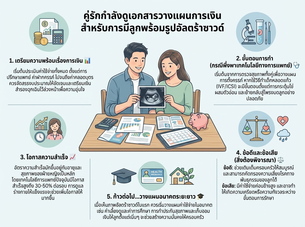 คู่รักกำลังดูเอกสารวางแผนการเงินสำหรับการมีลูกพร้อมรูปอัลตร้าซาวด์