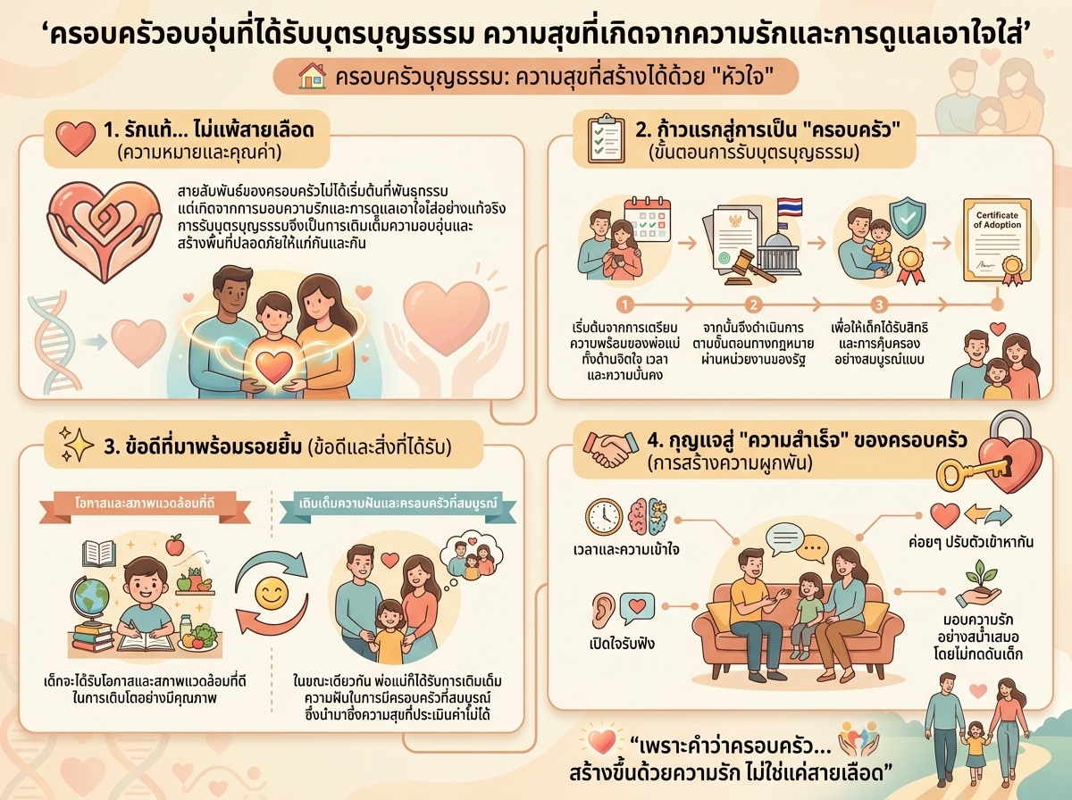 ครอบครัวอบอุ่นที่ได้รับบุตรบุญธรรม ความสุขที่เกิดจากความรักและการดูแลเอาใจใส่