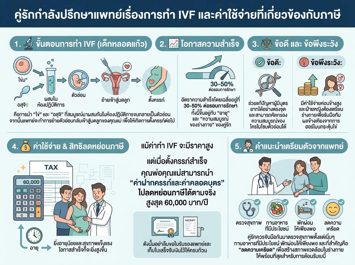 คู่รักกำลังปรึกษาแพทย์เรื่องการทำ IVF และค่าใช้จ่ายที่เกี่ยวข้องกับภาษี