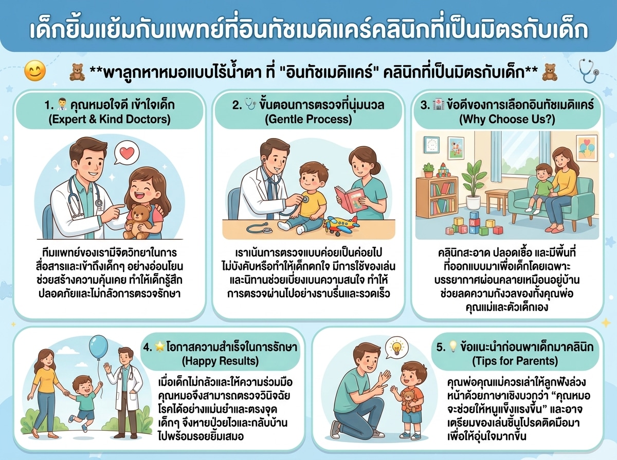 เด็กยิ้มแย้มกับแพทย์ที่อินทัชเมดิแคร์คลินิกที่เป็นมิตรกับเด็ก