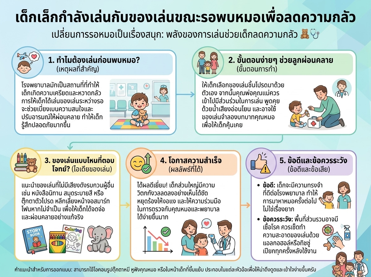 เด็กเล็กกำลังเล่นกับของเล่นขณะรอพบหมอเพื่อลดความกลัว