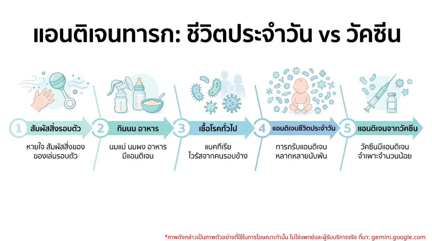 อินโฟกราฟิกเปรียบเทียบจำนวนแอนติเจนที่ทารกได้รับจากชีวิตประจำวันและจากวัคซีน