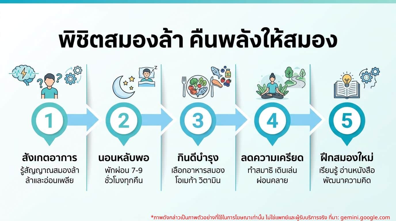 อินโฟกราฟิกวิธีจัดการอาการสมองล้าและฟื้นฟูสุขภาพสมอง