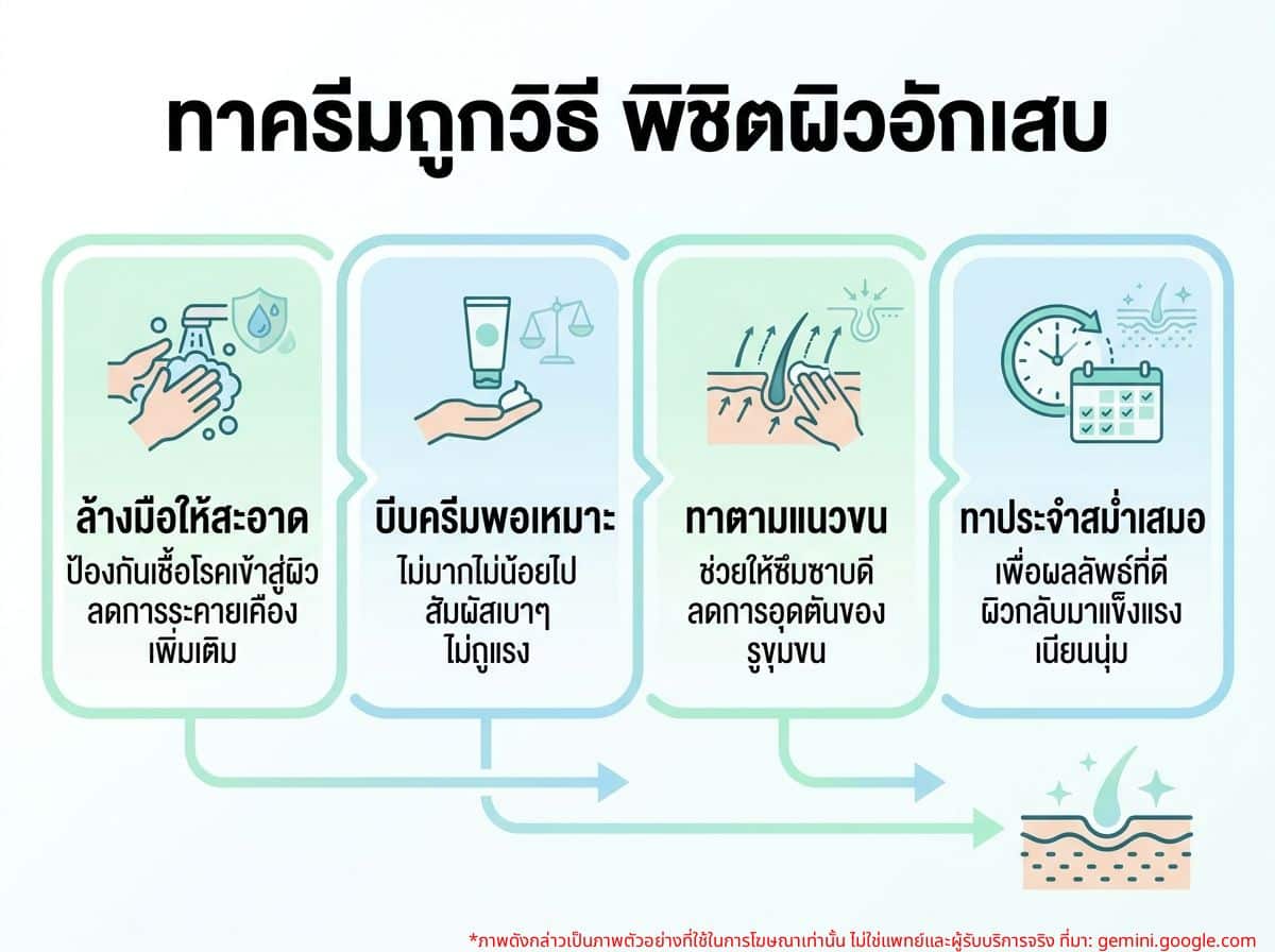ผู้หญิงกำลังทาครีมบริเวณผิวหนังที่อักเสบ