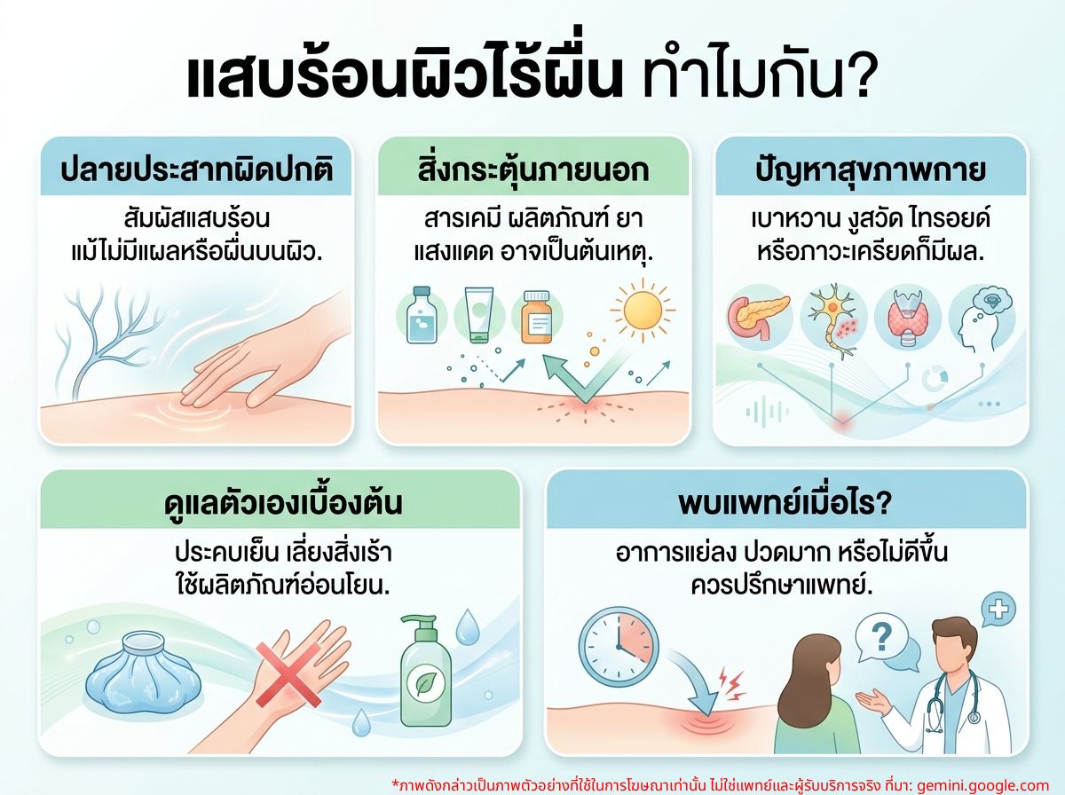 ผู้หญิงกำลังสัมผัสผิวหนังที่มีอาการแสบร้อนโดยไม่มีผื่นคัน