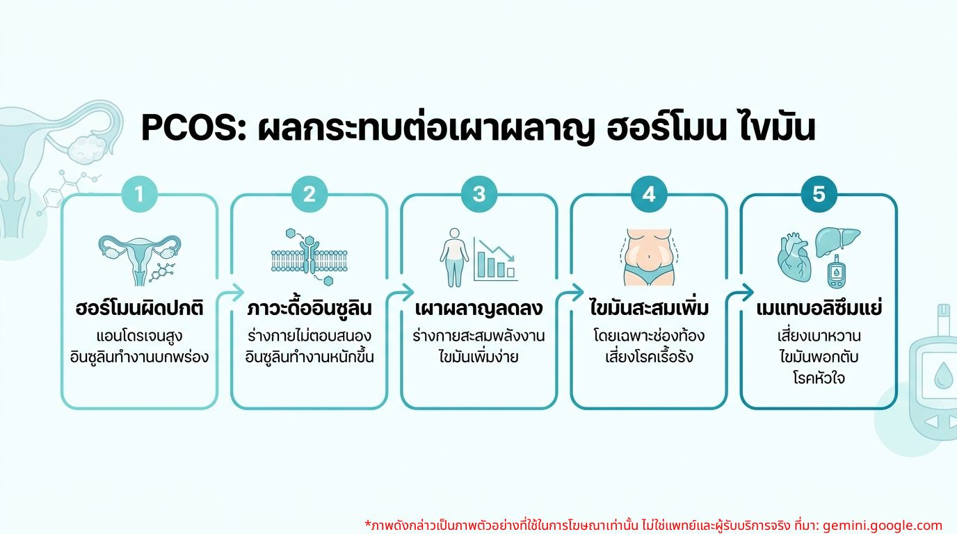 แผนภาพแสดงผลกระทบของ PCOS ต่อระบบเผาผลาญ ฮอร์โมน และการสะสมไขมัน