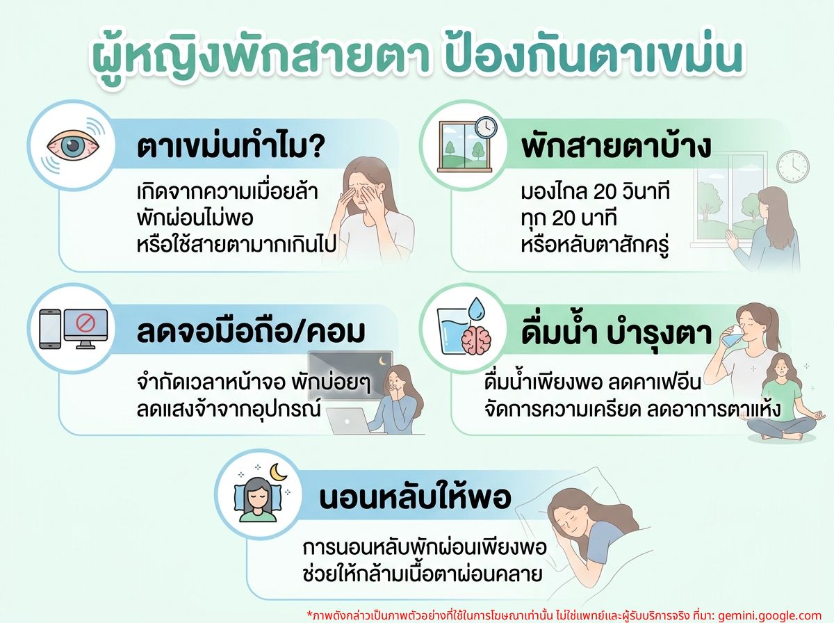ผู้หญิงพักสายตาจากอาการตาเขม่น