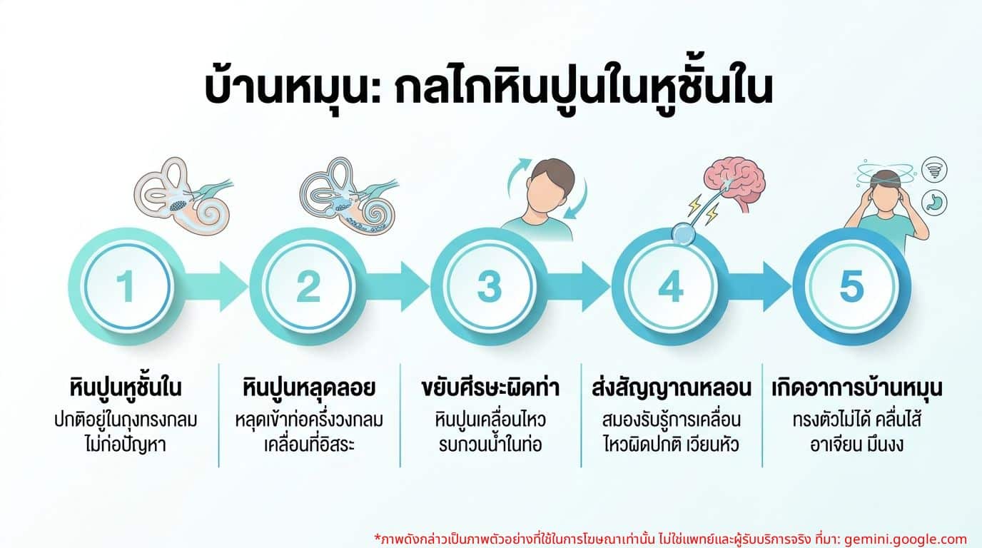 อินโฟกราฟิกอธิบายกลไกของภาวะบ้านหมุน (Vertigo) จากหินปูนในหูชั้นใน