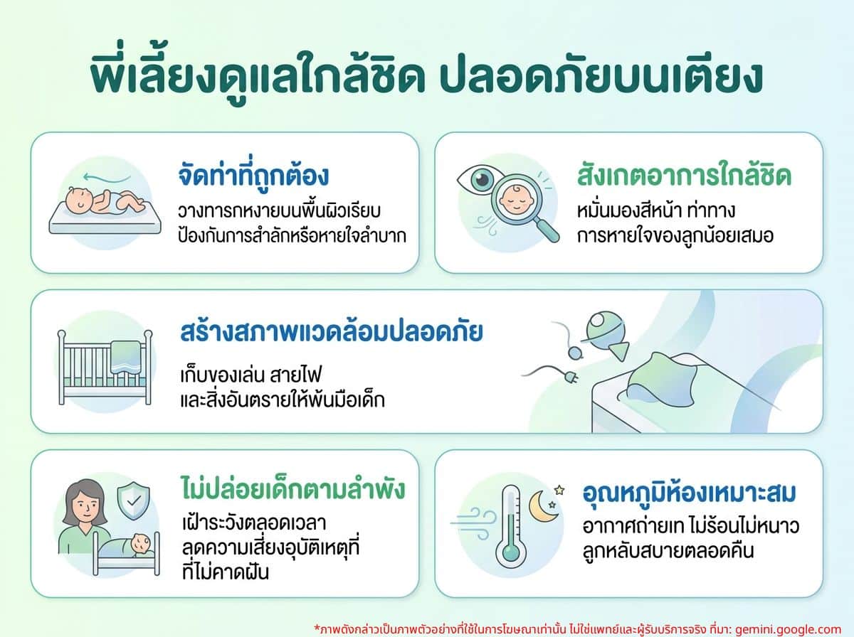 พี่เลี้ยงเด็กกำลังดูแลเด็กเล็กบนเตียงอย่างใกล้ชิด