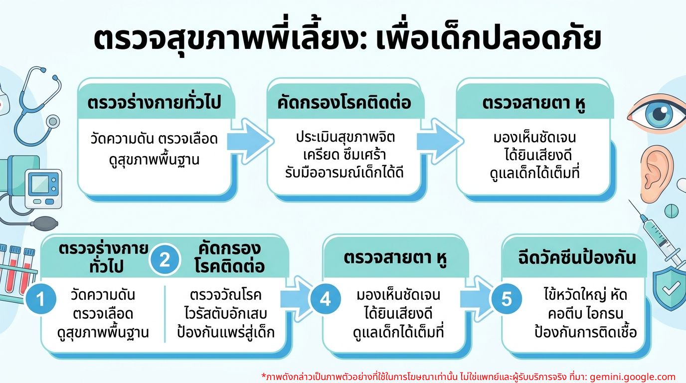 อินโฟกราฟิกแสดงรายการตรวจสุขภาพที่สำคัญสำหรับพี่เลี้ยงเด็ก