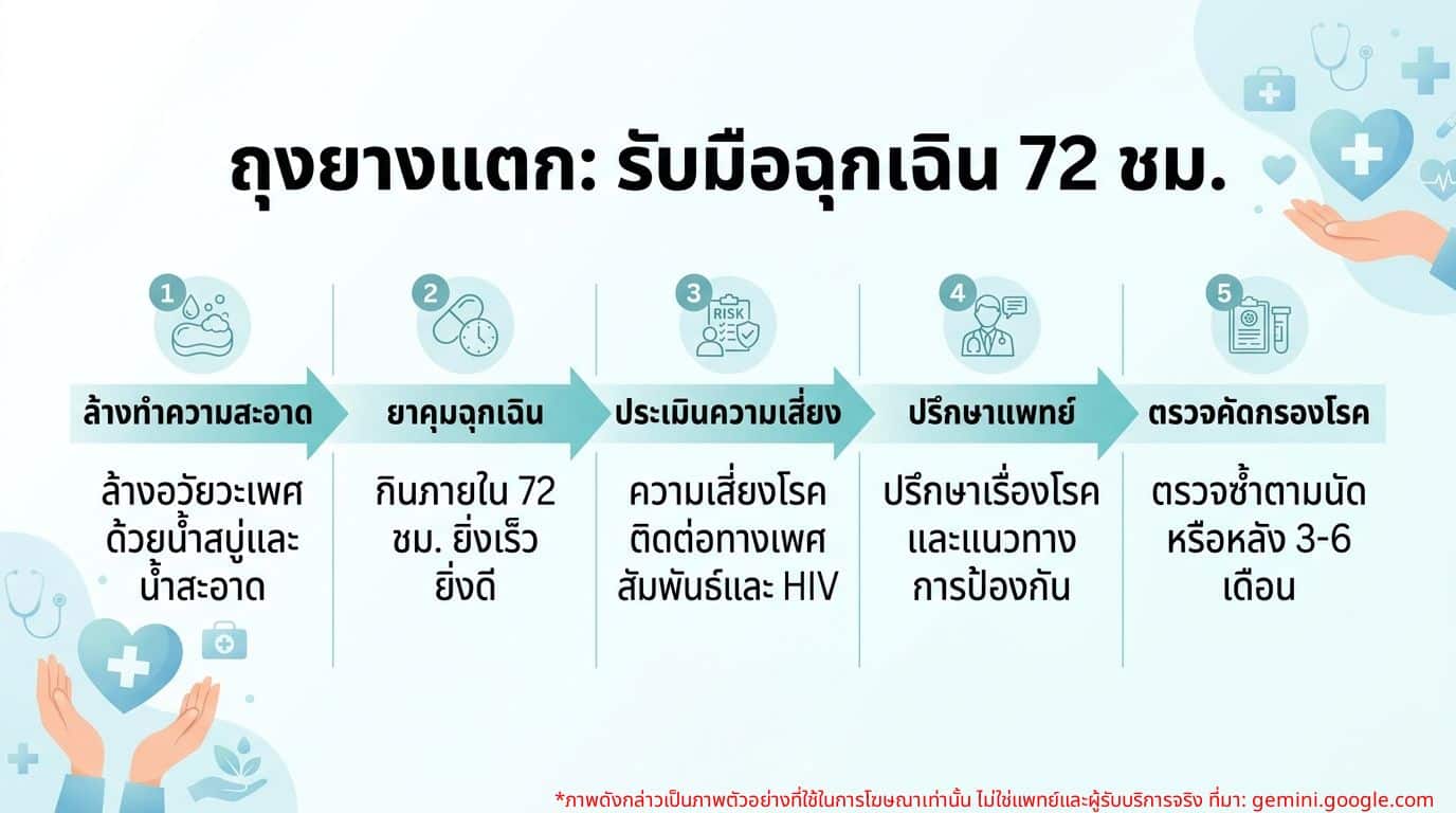 อินโฟกราฟิกเช็กลิสต์วิธีรับมือฉุกเฉินภายใน 72 ชั่วโมง เมื่อถุงยางแตก รั่ว หรือหลุด