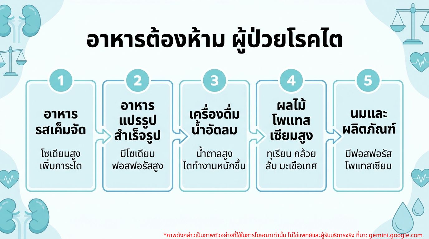 อินโฟกราฟิกแสดงอาหารที่ควรจำกัดสำหรับผู้ป่วยโรคไต เช่น อาหารเค็ม อาหารแปรรูป เครื่องดื่มน้ำอัดลม