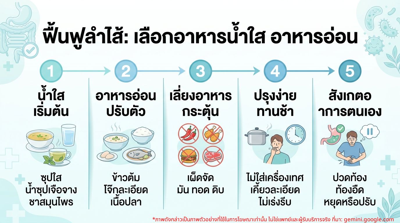อินโฟกราฟิกแสดงขั้นตอนการเลือกอาหารน้ำใสและอาหารอ่อนเพื่อฟื้นฟูลำไส้