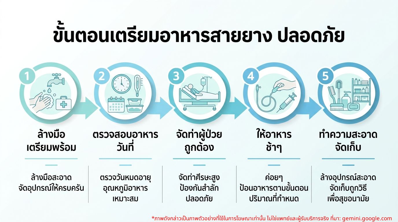 อินโฟกราฟิกเกี่ยวกับขั้นตอนการเตรียมอาหารทางสายยางสำหรับผู้ป่วยติดเตียงอย่างปลอดภัย