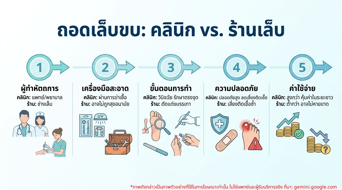 เปรียบเทียบการถอดเล็บขบที่คลินิกกับร้านทำเล็บ ข้อดีข้อเสีย